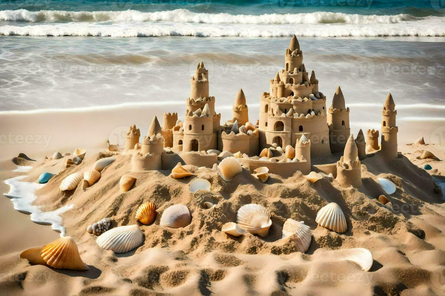 ai genererad en sand slott på de strand med skal och snäckskal foto