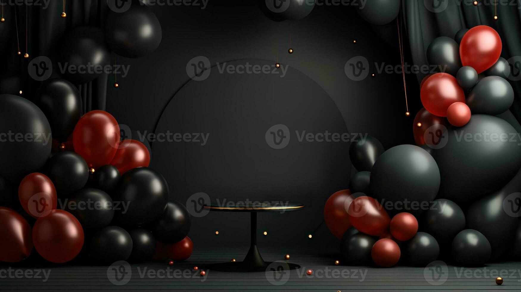svart fredag försäljning bakgrund med en podium, gåva lådor och ballonger på en mörk scen. rabatt eller försäljning marknadsföring annons för affisch, annonser, webb baner, flygblad, banderoller, broschyr. generativ ai foto