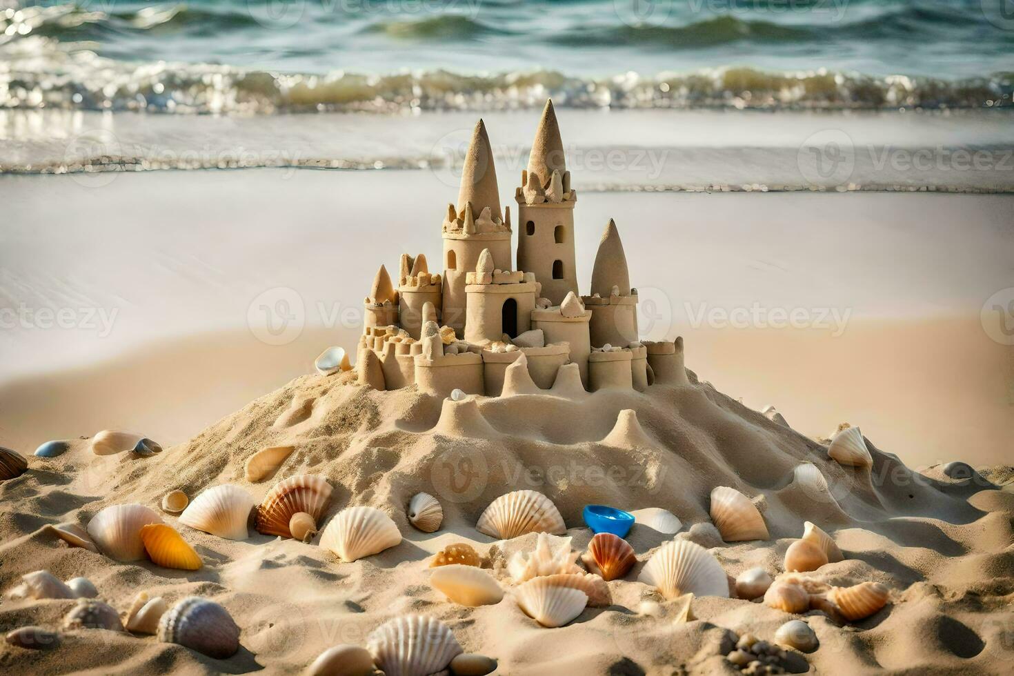 ai genererad en sand slott är tillverkad ut av skal och sand foto