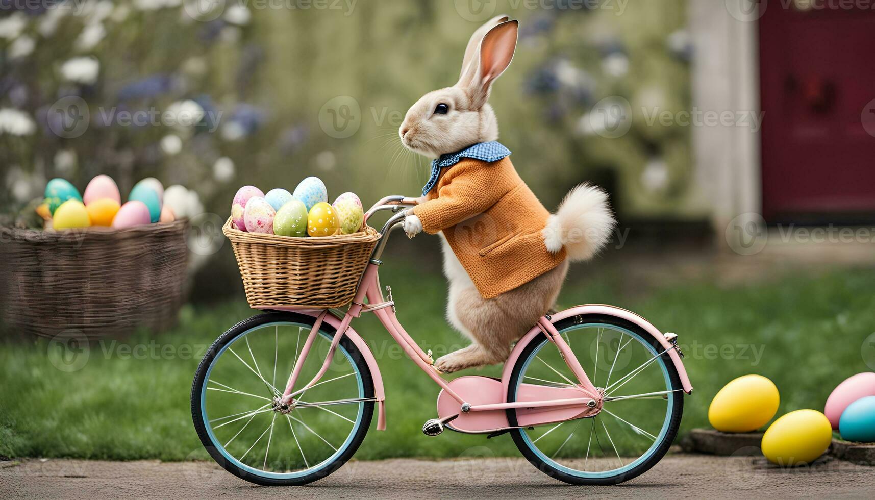 ai genererad en kanin i ett orange jacka rider en cykel med en korg full av påsk ägg foto