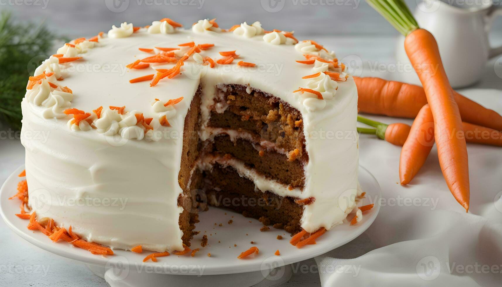 ai genererad en morot kaka med glasyr och morötter foto