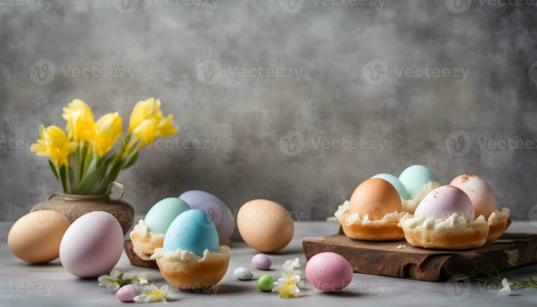 ai genererad färgrik påsk ägg på en tabell med gul blommor foto