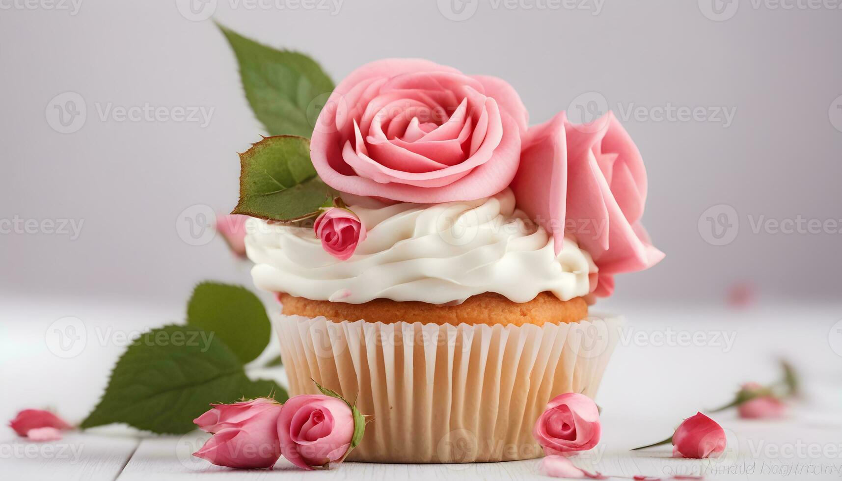 ai genererad en muffin med rosa ro på en vit tabell foto