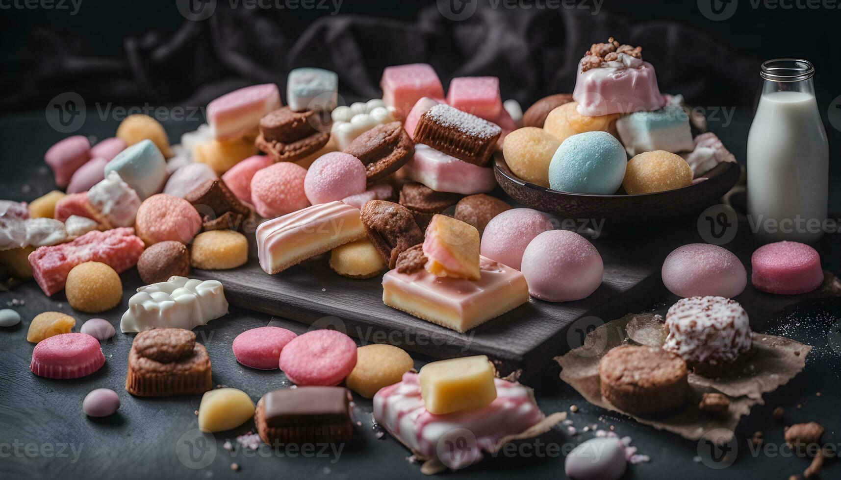 ai genererad sortiment av sötsaker på en mörk bakgrund foto