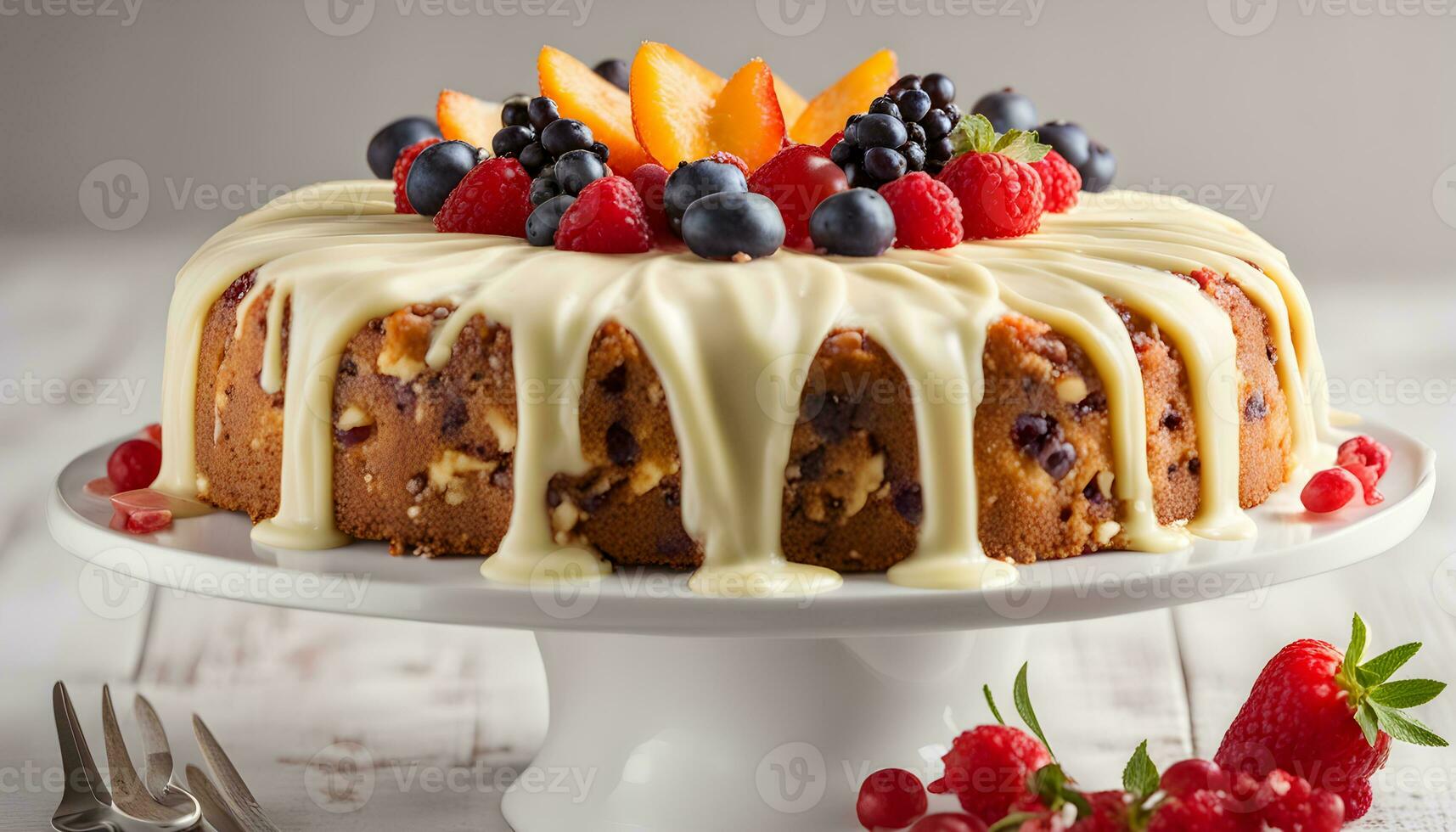 ai genererad en kaka med frukt på topp och en vit glasyr foto
