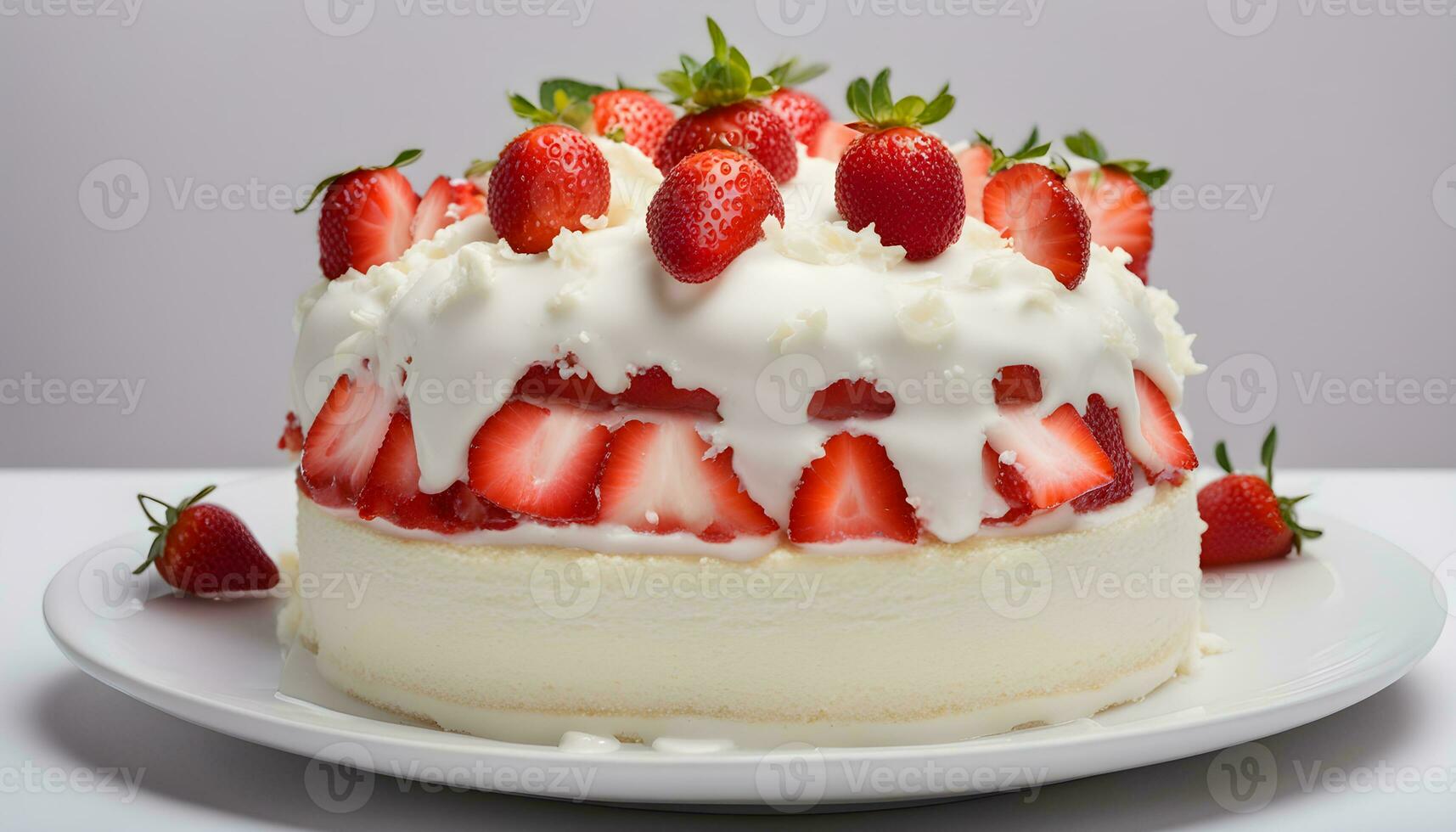 ai genererad en vit kaka med jordgubbar på topp foto