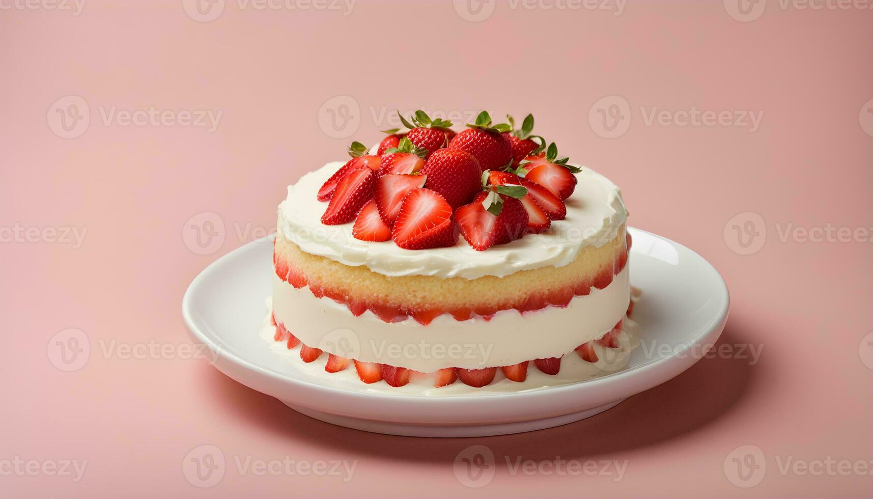 ai genererad en jordgubb kaka på en tallrik med grädde och jordgubbar foto