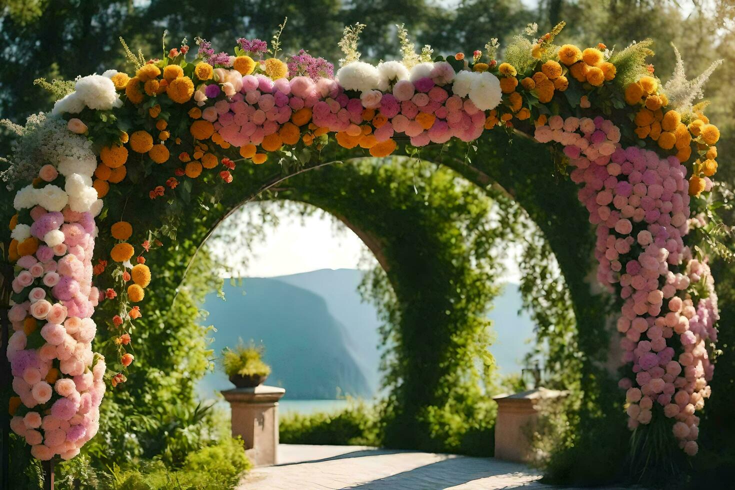 ai genererad ett archway med blommor och grönska foto