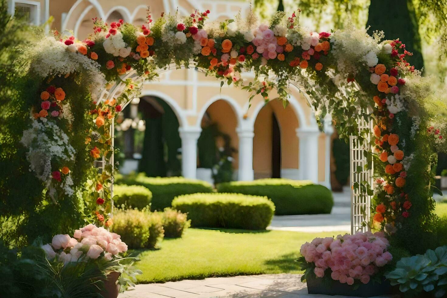 ai genererad en bröllop båge dekorerad med blommor i främre av en byggnad foto