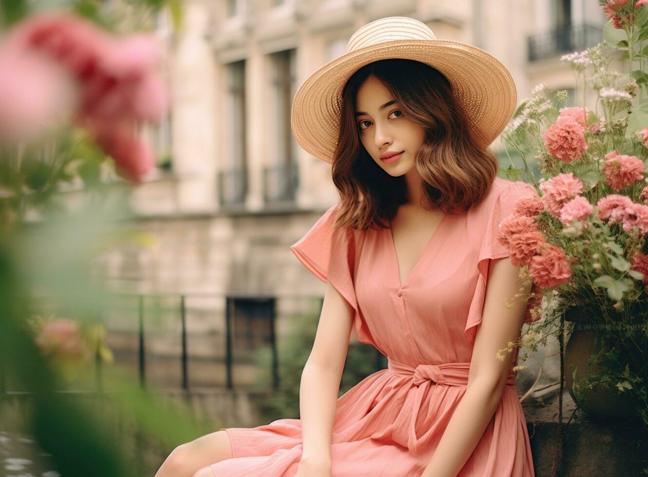 ai genererad en skön kvinna bär en sugrör hatt och bär en rosa klänning i paris foto