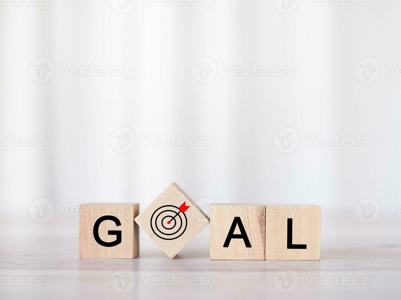 trä- block med de ord mål. de begrepp av mål prestation , mål, strategi och Framgång foto