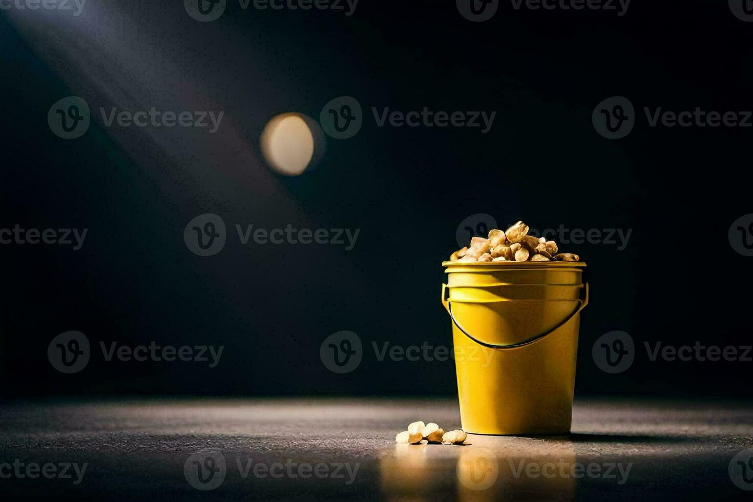 ai genererad en hink av popcorn på en tabell foto