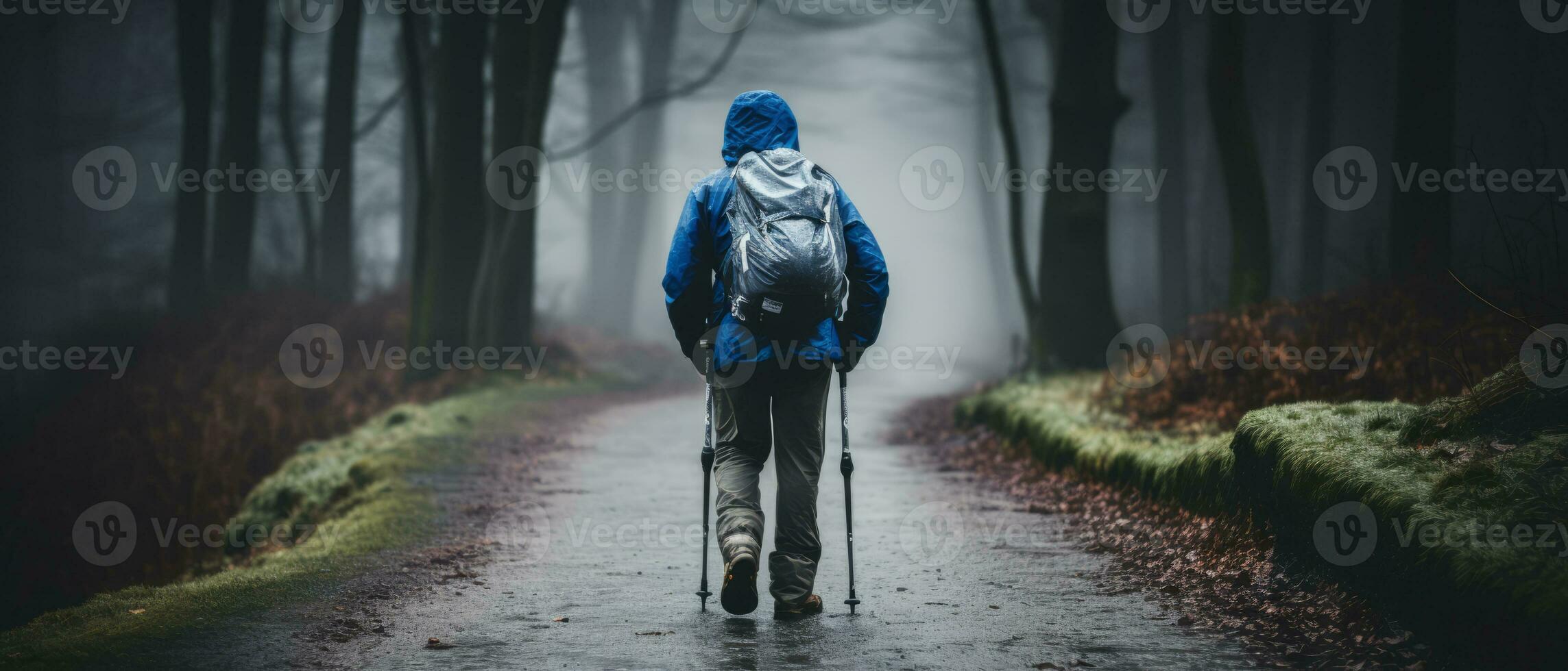 ai genererad Foto fångande de väsen av en enslig vinter- äventyr, terar en ensam vandrare gående genom en dimmig, skog spår.