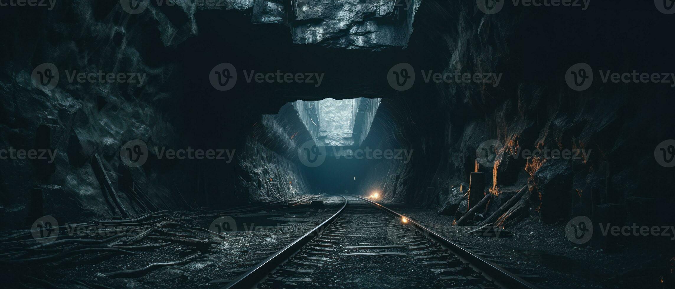 ai genererad kusligt underjordisk tunnel med övergiven tåg Spår. ai generativ. foto