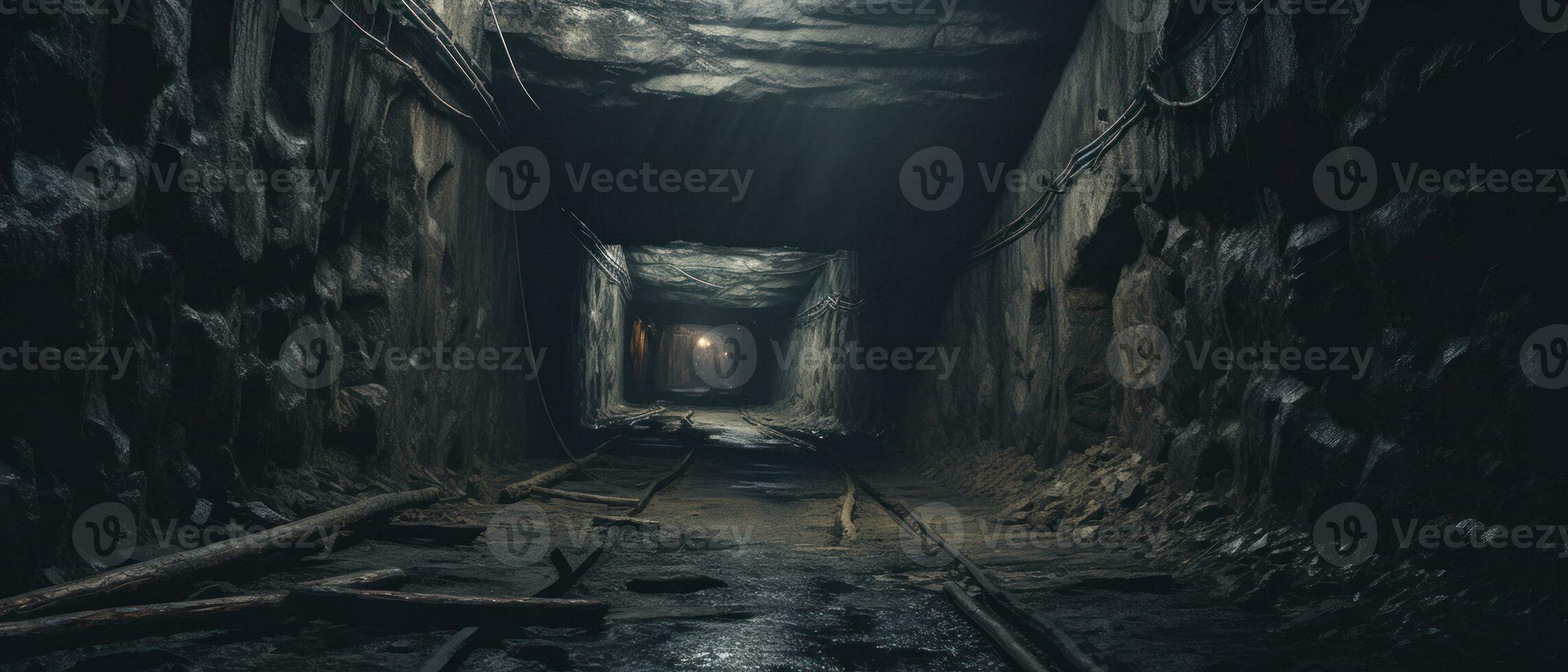 ai genererad kusligt underjordisk tunnel med övergiven tåg Spår. ai generativ. foto