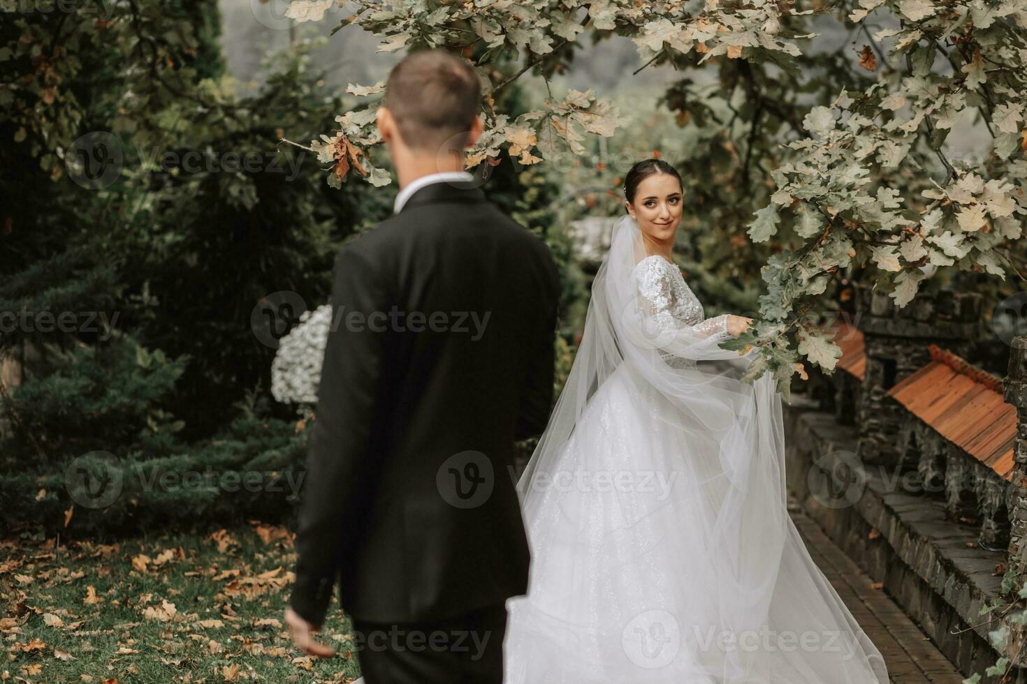 en eleganta par av europeisk nygifta. en leende brud i en vit klänning utseende på de brudgum och flörtar med honom. brudgum klädd i en klassisk svart kostym. bröllop i natur foto
