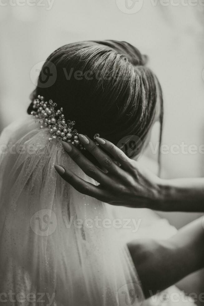 klassisk brud- frisyr från Bakom, närbild, slöja säkrad med handgjort tiara. svart och vit Foto