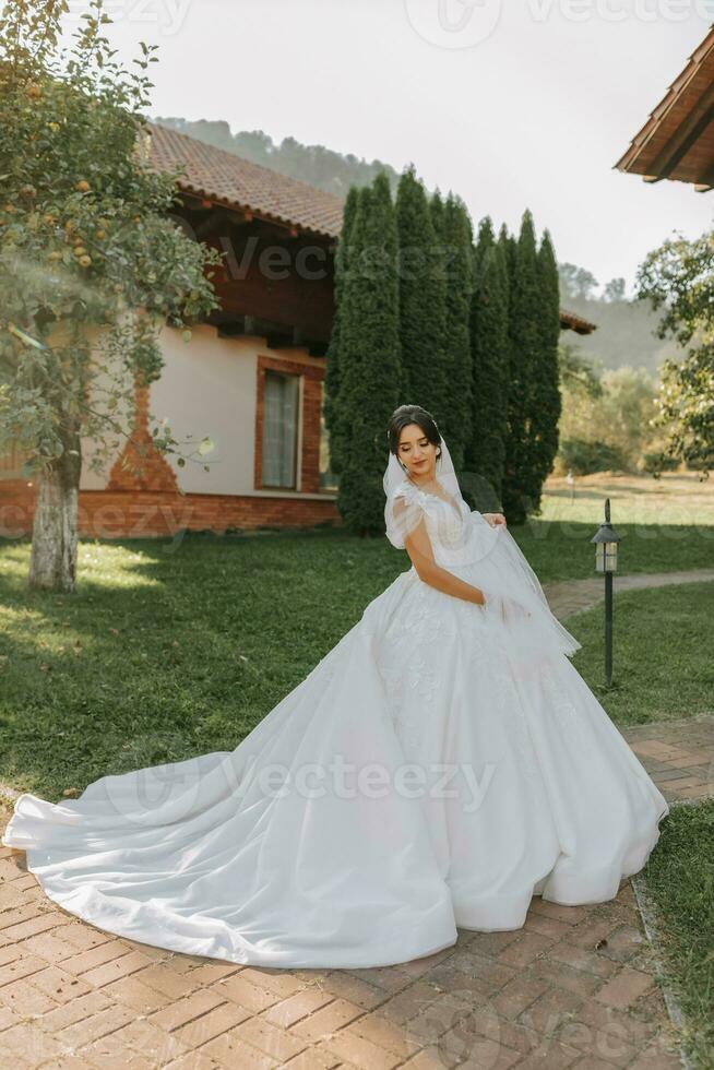 skön brud i en modern bröllop klänning på en naturlig bakgrund i de parkera. en fantastisk ung brud är otroligt Lycklig. Lycklig flicka på henne bröllop dag foto