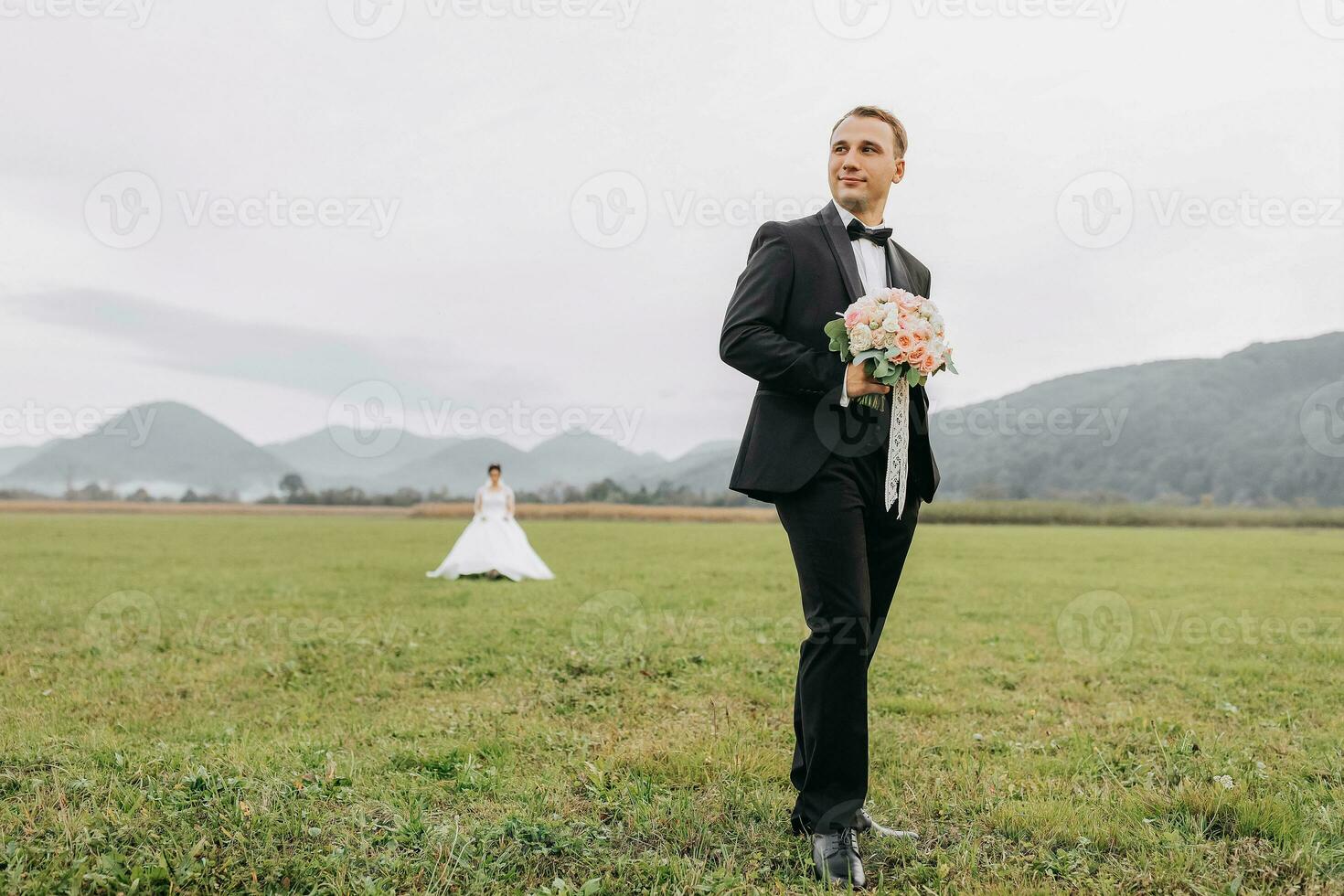 en stilig brudgum i en svart kostym och en svart rosett slips står utomhus i en bred fält mot en bakgrund av berg. bröllop porträtt. en man i en klassisk kostym i de förgrund. foto