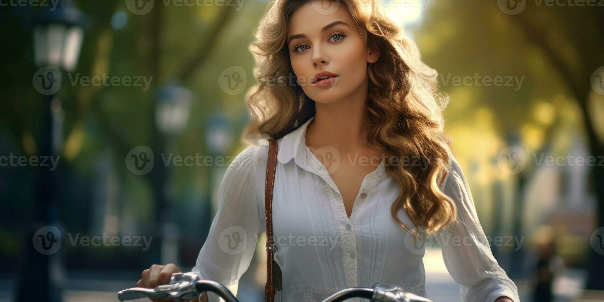 ai genererad graciös ung lady med cykel, frodig lövverk bakgrund. ai generativ. foto