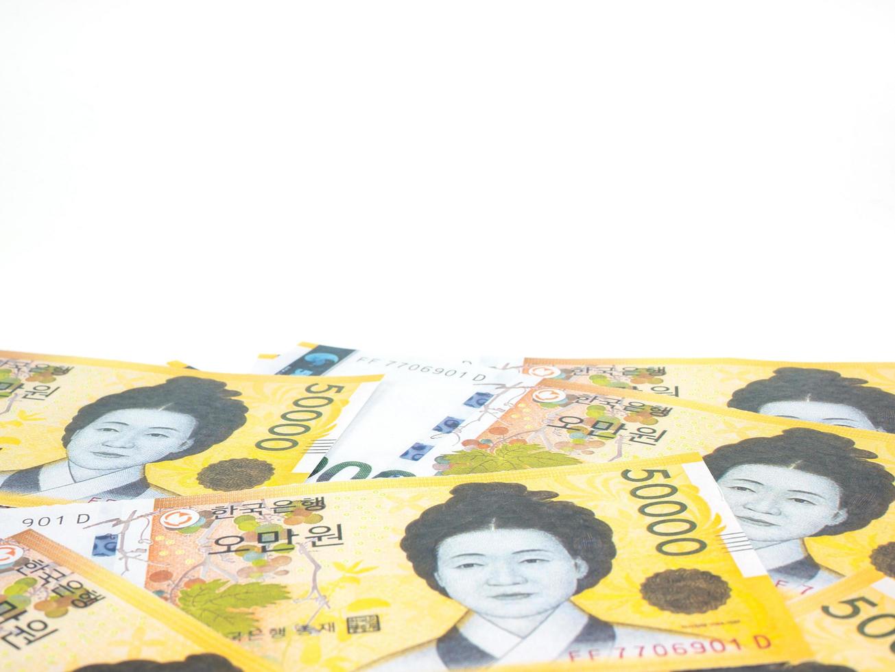 Sydkorea 50000 vann sedelvaluta närbildsmakro isolerad på vit bakgrund, koreanska pengar foto