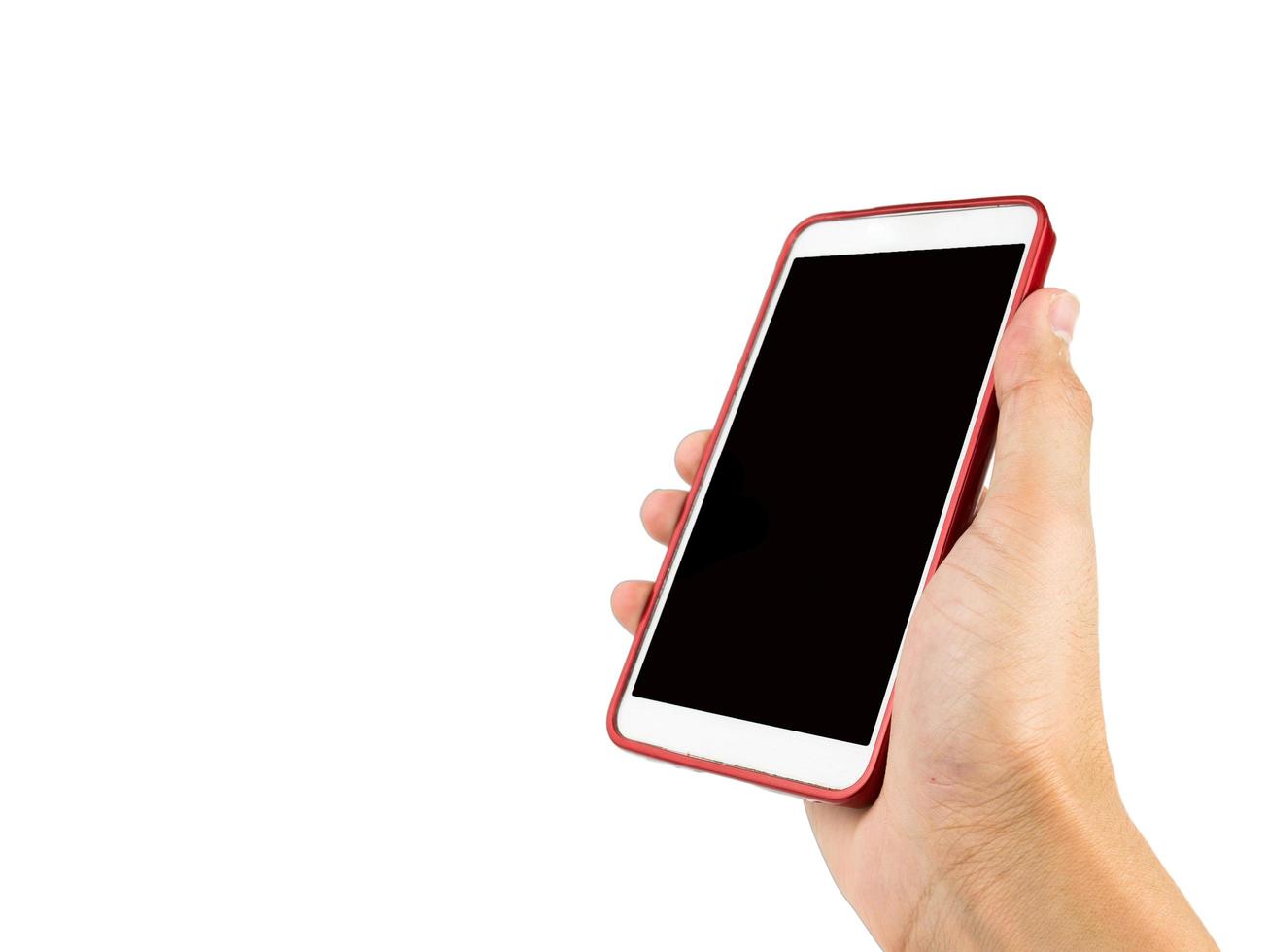 hand som håller smart telefon isolerad på vit bakgrund med urklippsbana foto