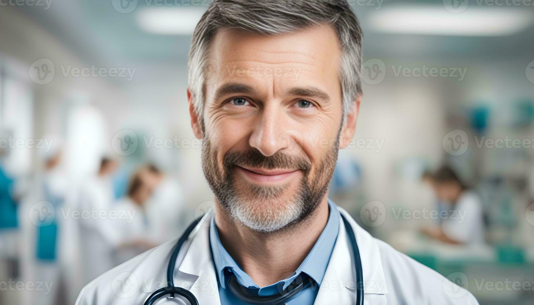 ai genererad en manlig läkare leende i en sjukhus foto