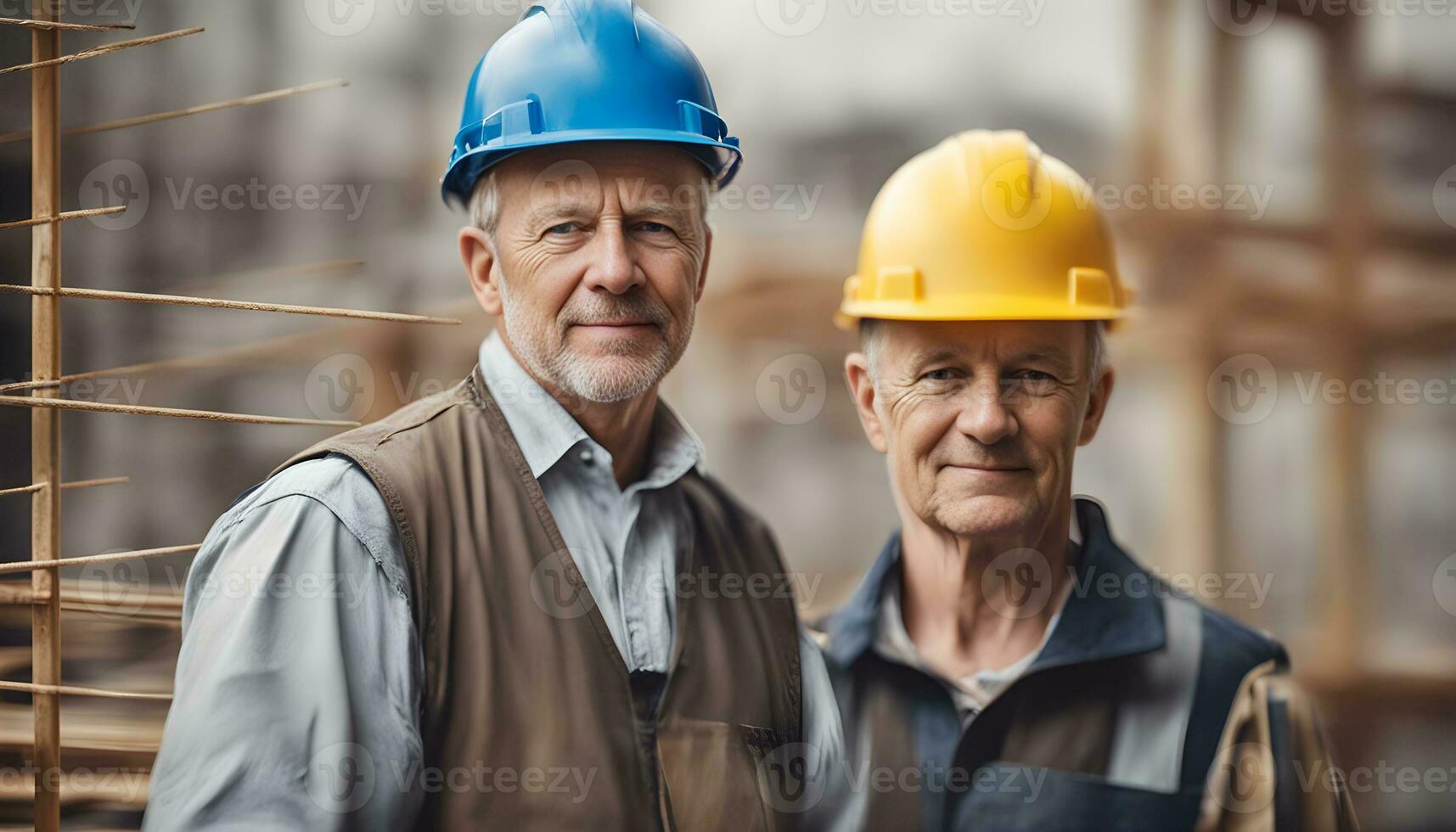 ai genererad två äldre män bär hård hattar stående i främre av en konstruktion webbplats foto