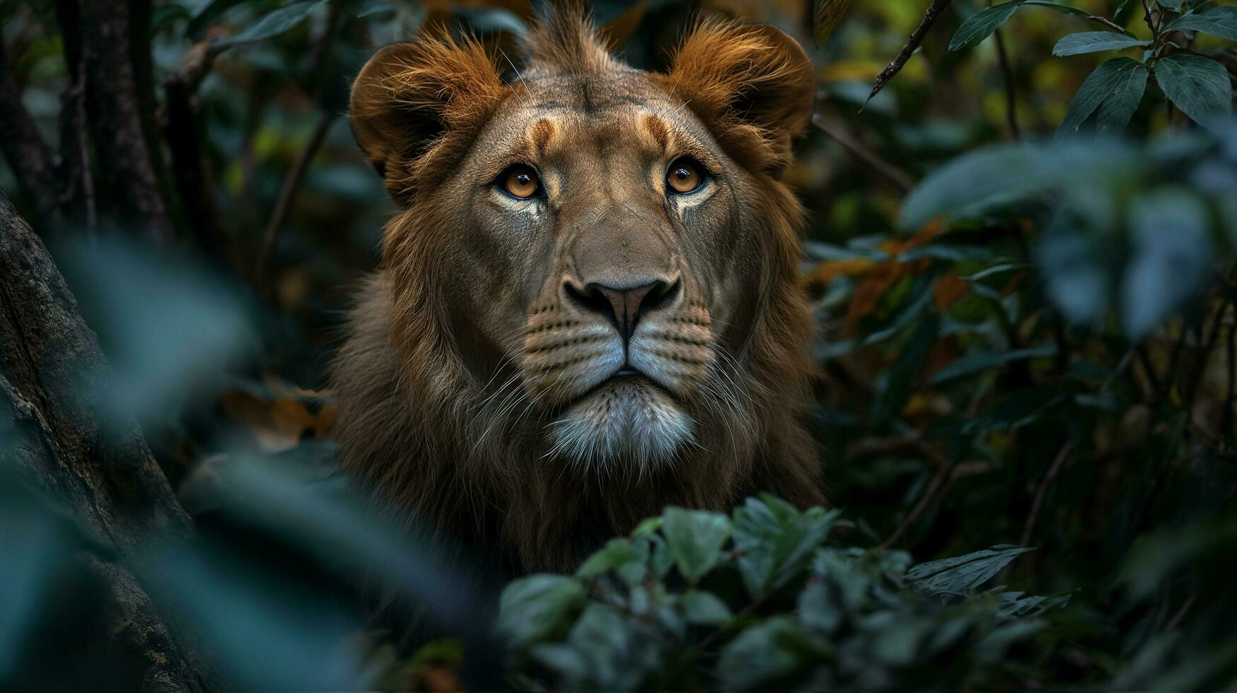 ai genererad fri Foto av en lejon Lurking i de djungler