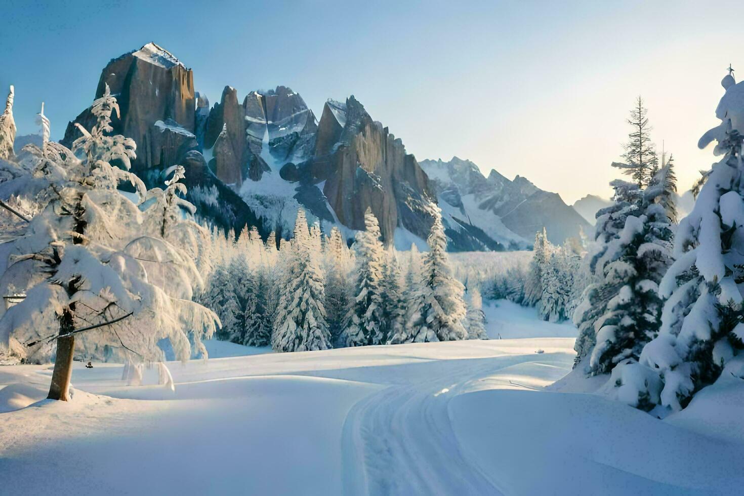 en snöig berg landskap med träd och snö. ai-genererad foto