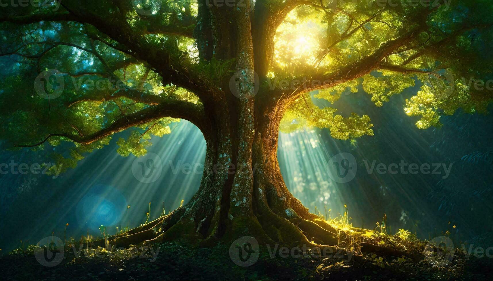ai genererad morgon- solsken skog träd foto