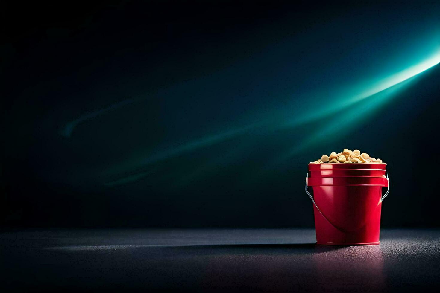 en röd hink fylld med popcorn på en mörk bakgrund. ai-genererad foto