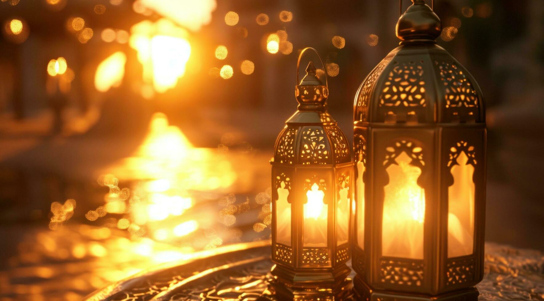 ai genererad en traditionell arab lykta belyst förbi ljus ljus är på brand i främre av de Sol foto