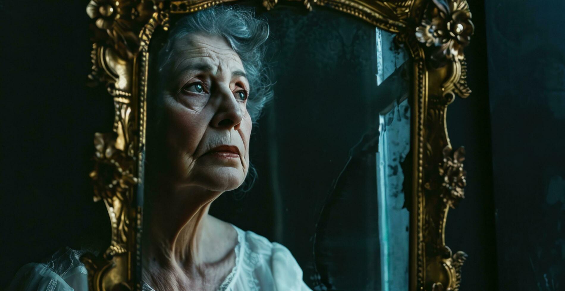 ai genererad ett äldre kvinna med ett antik spegel, foto