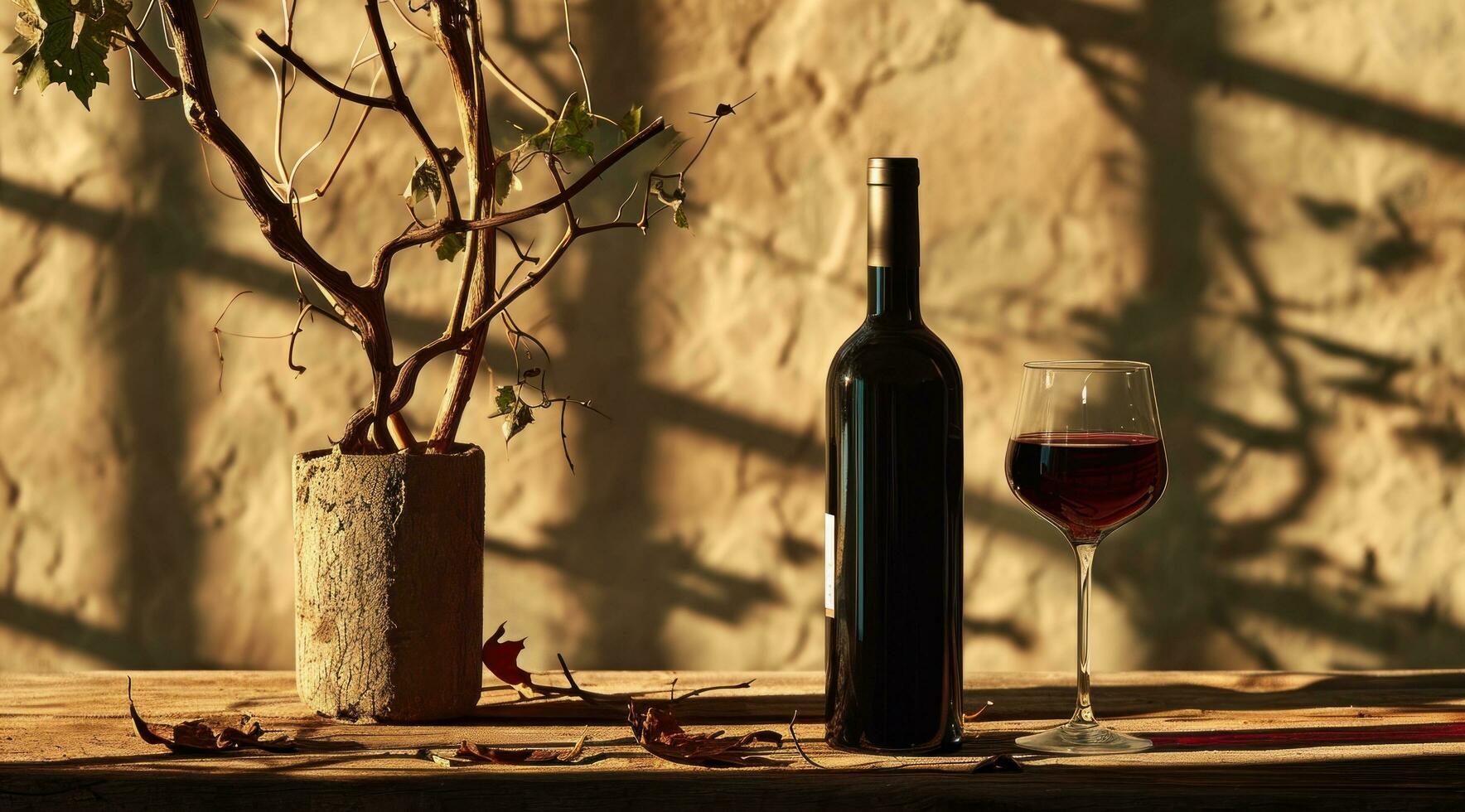 ai genererad en flaska av röd vin och glas på en trä- yta foto