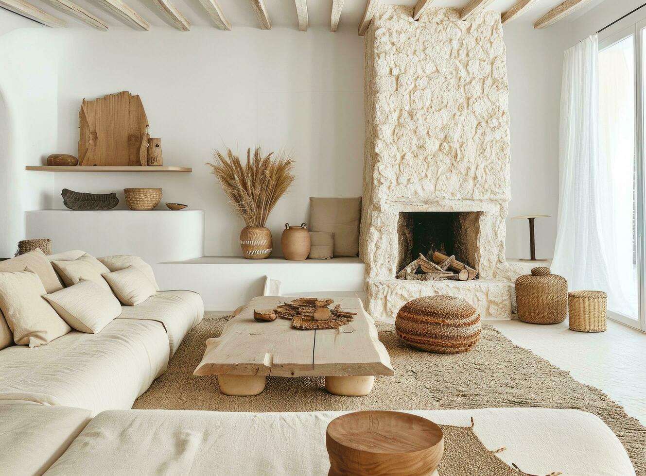 ai genererad en levande rum med en naturlig sten öppen spis i en vit levande rum foto