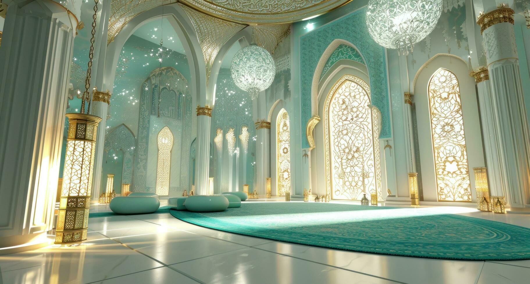 ai genererad ett islamic scen med dekorativ belysning, ljuskronor och dekorativ objekt foto