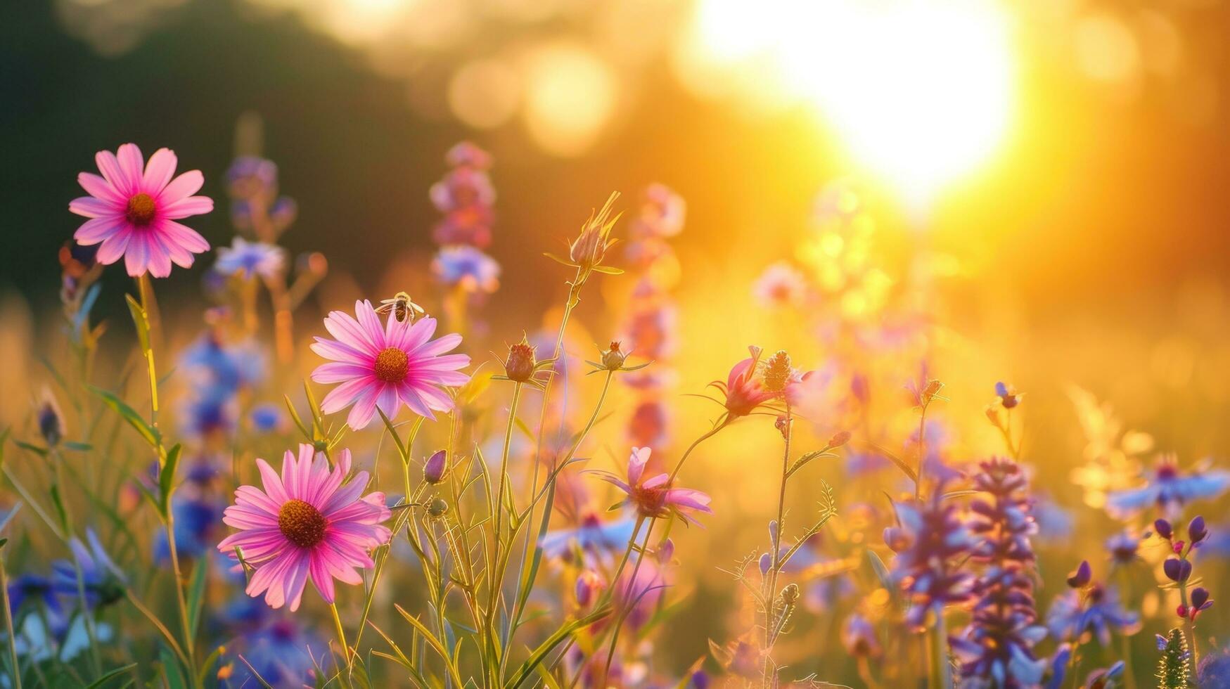 ai genererad vildblommor, surrande bin, och en vibrerande Sol föra vårens livlig anda foto