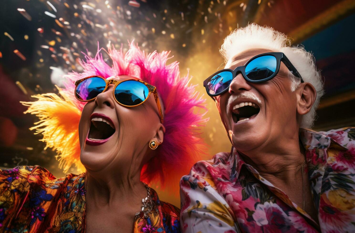 ai genererad äldre par bär solglasögon skrattande och i en bil Lycklig foto