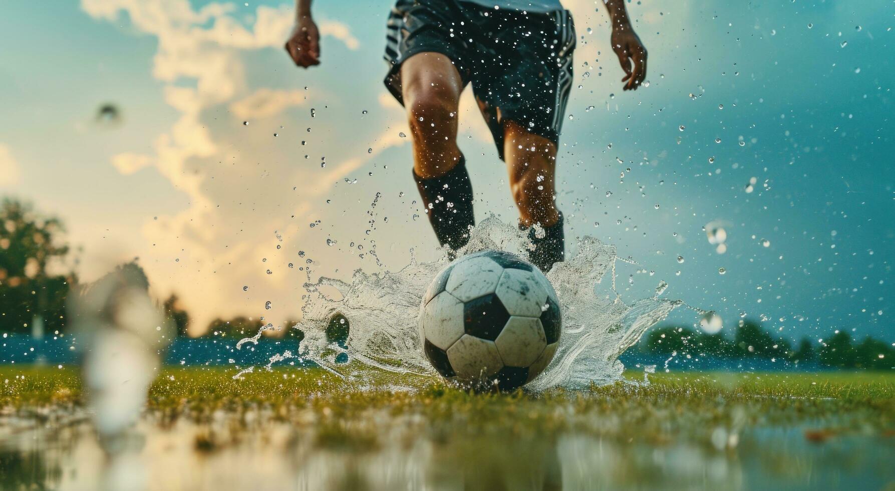 ai genererad idrottare spelar fotboll med vatten på en boll foto