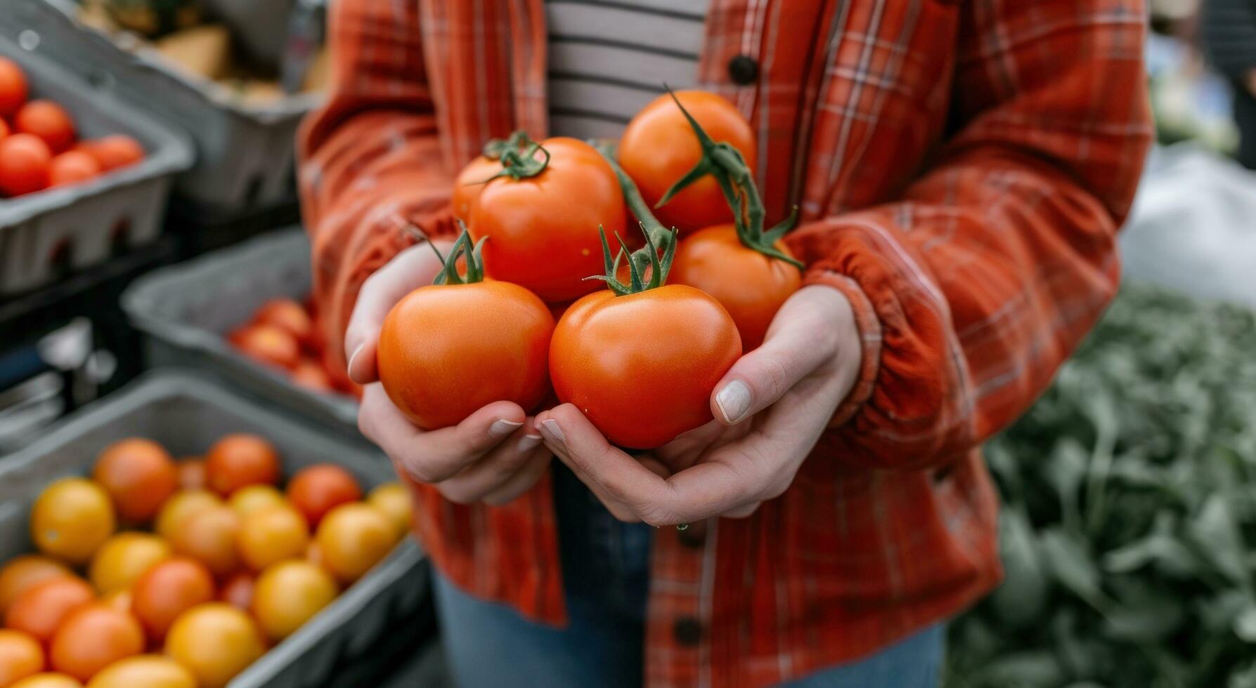 ai genererad kvinna innehar flera tomater medan på en bönders marknadsföra foto