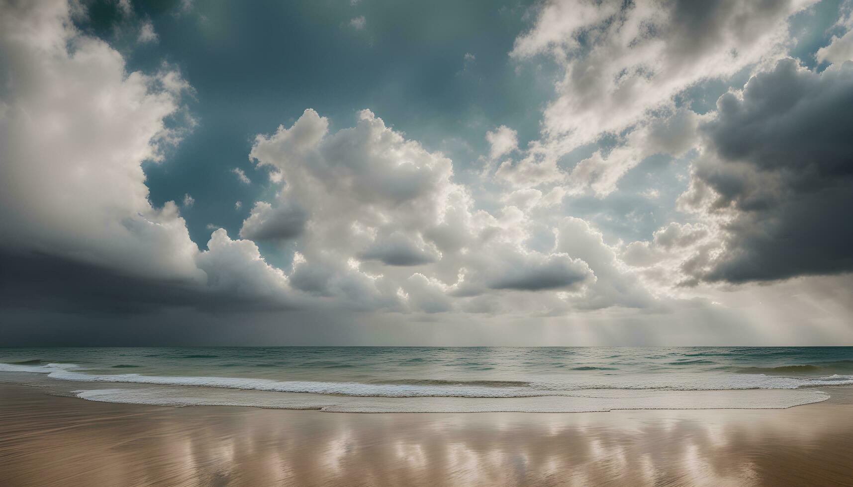 ai genererad en strand under en molnig himmel med vågor och moln foto