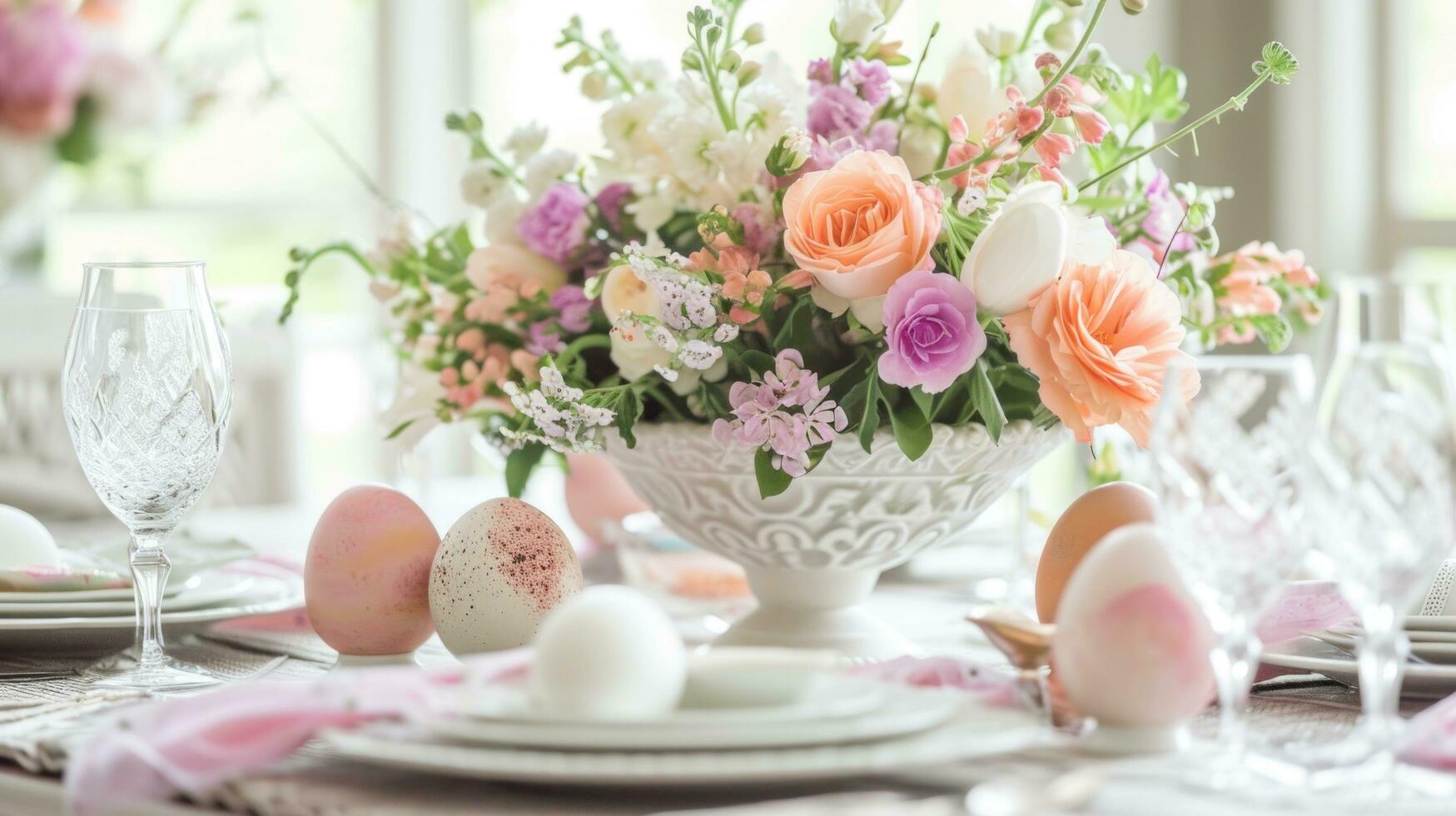 ai genererad blommig mittpunkten och ägg ornament på dining tabell foto