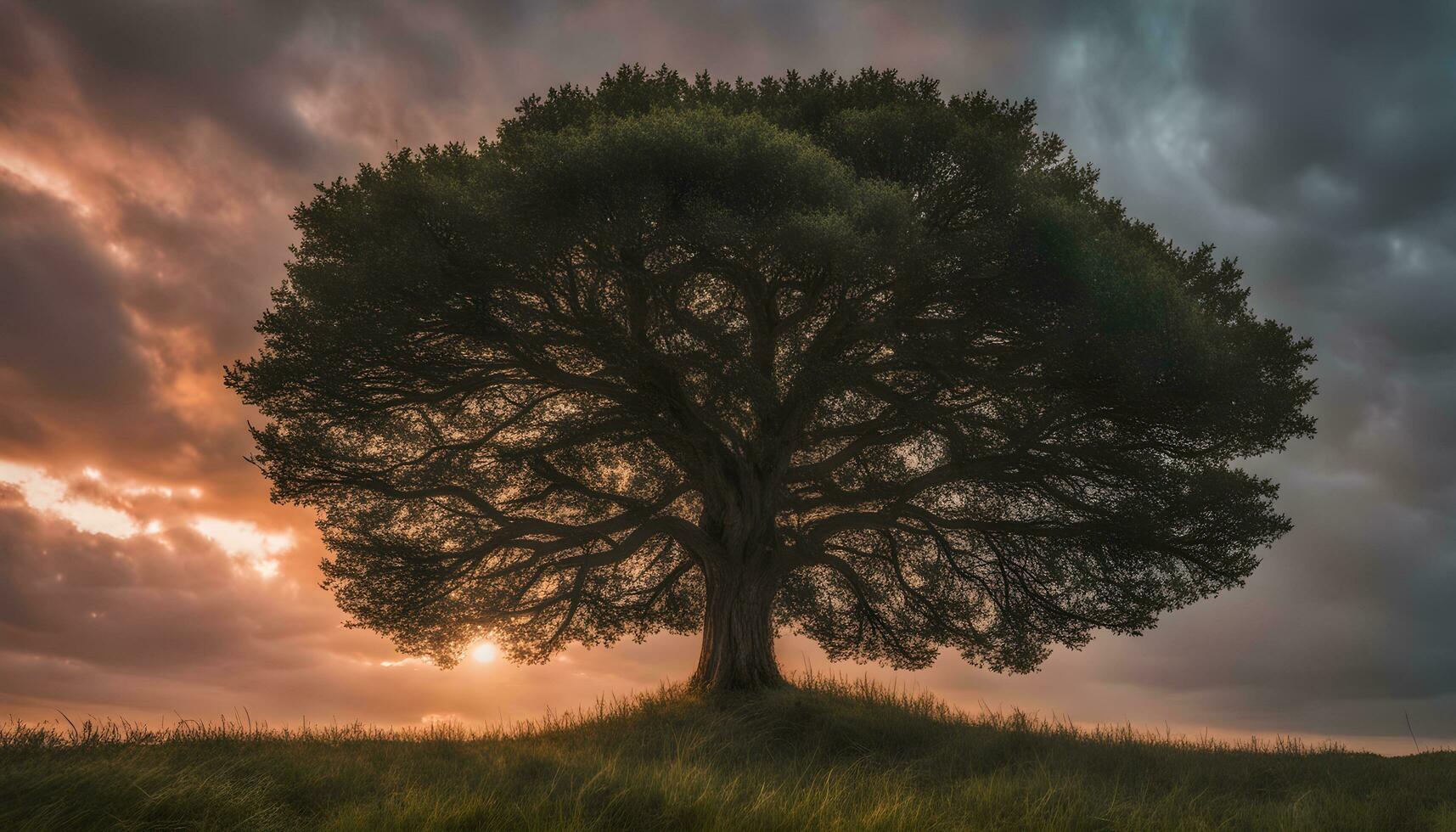 ai genererad en träd står ensam i en fält med en dramatisk solnedgång foto