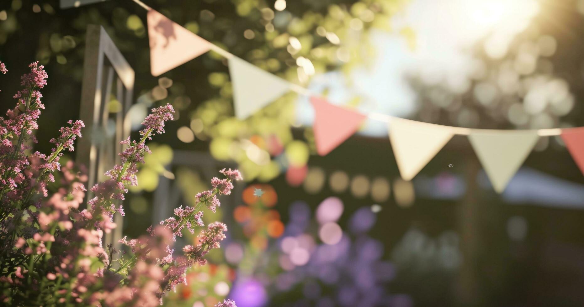 ai genererad flaggväv är hängd ovan blommor i en uteplats eller gård på en fest foto