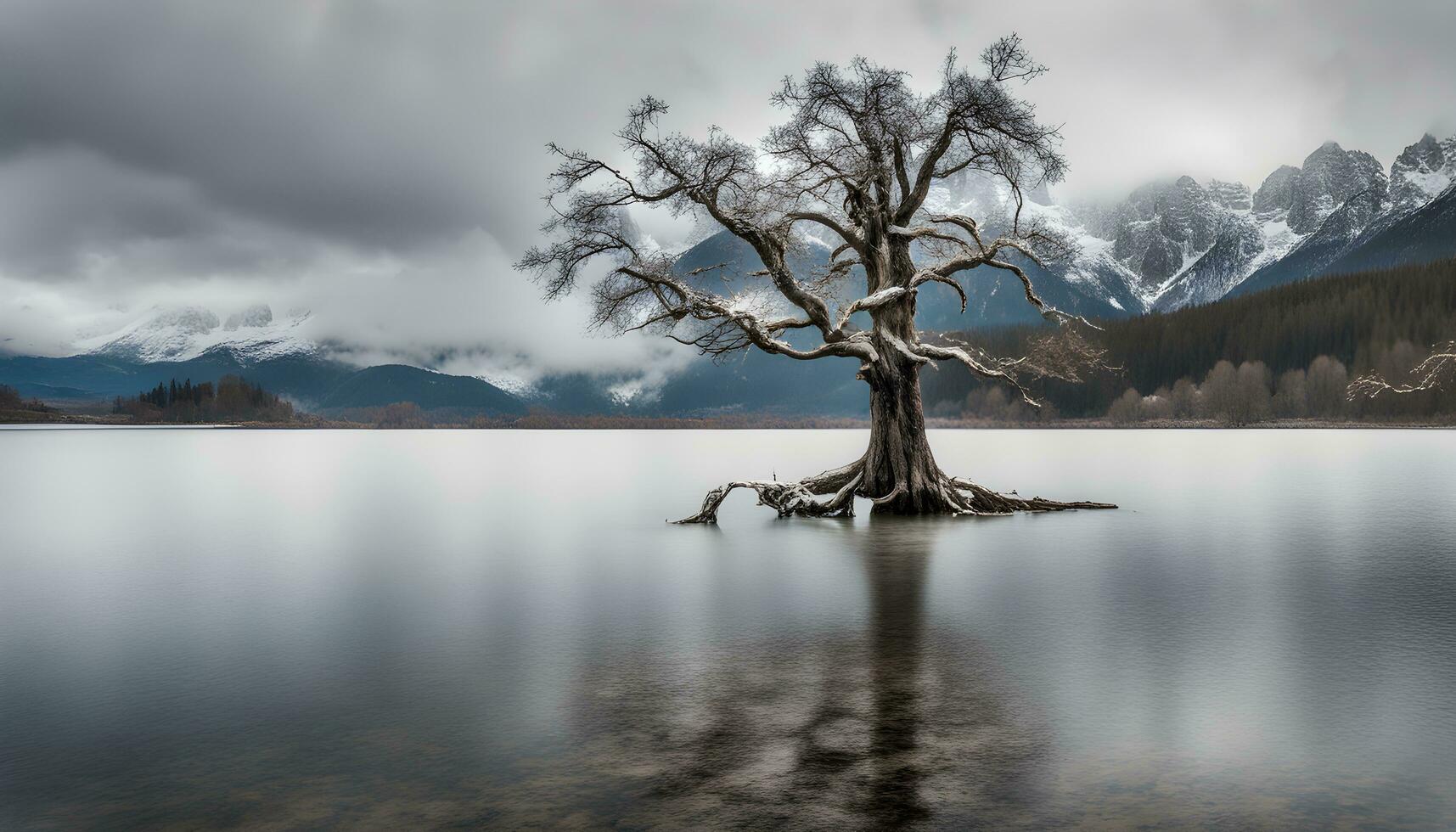 ai genererad en ensam träd står i de mitten av en sjö foto