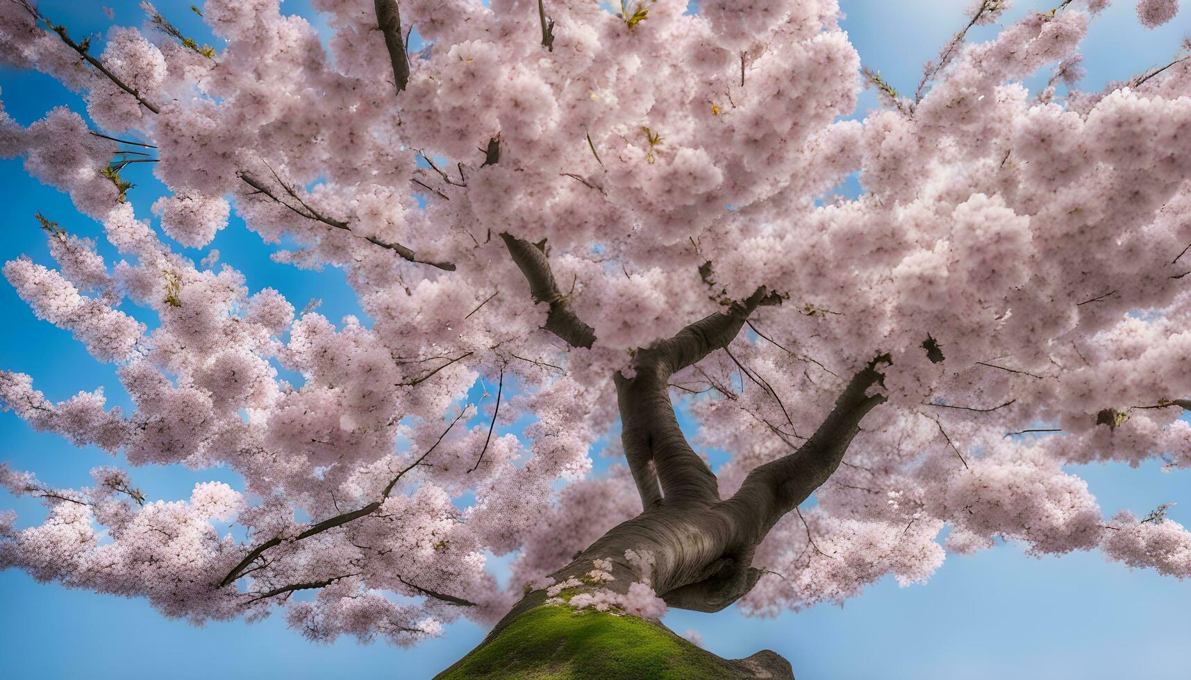 ai genererad en träd med rosa blommar mot en blå himmel foto