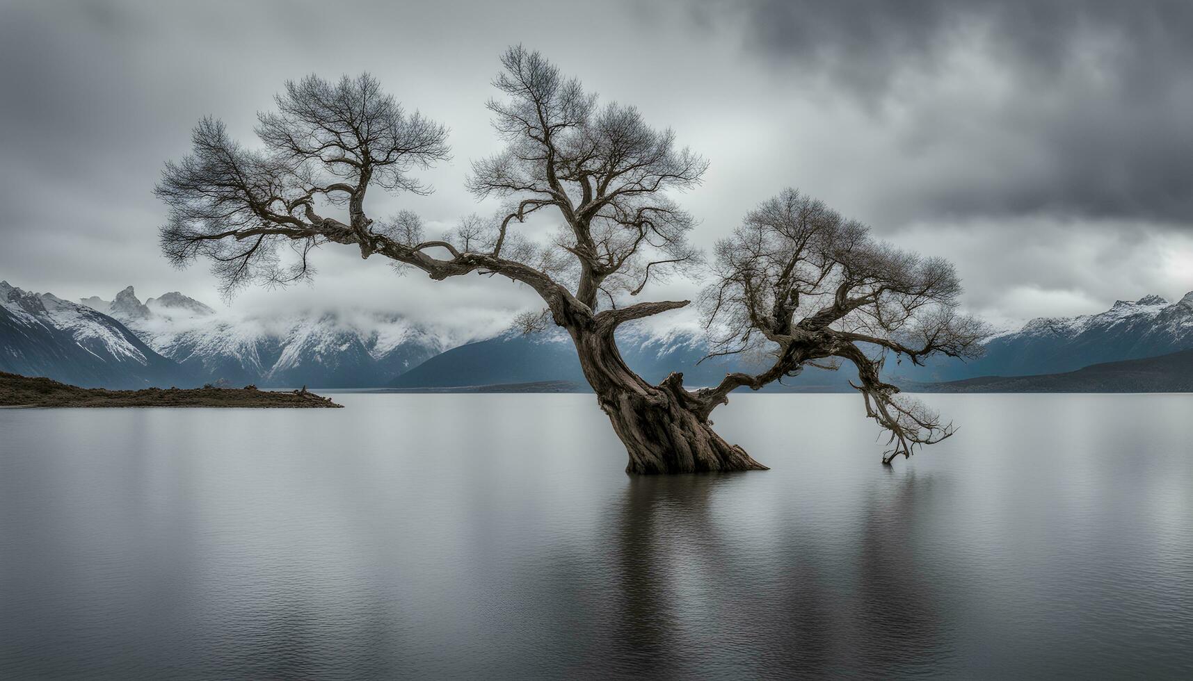 ai genererad en ensam träd står i de mitten av en sjö foto