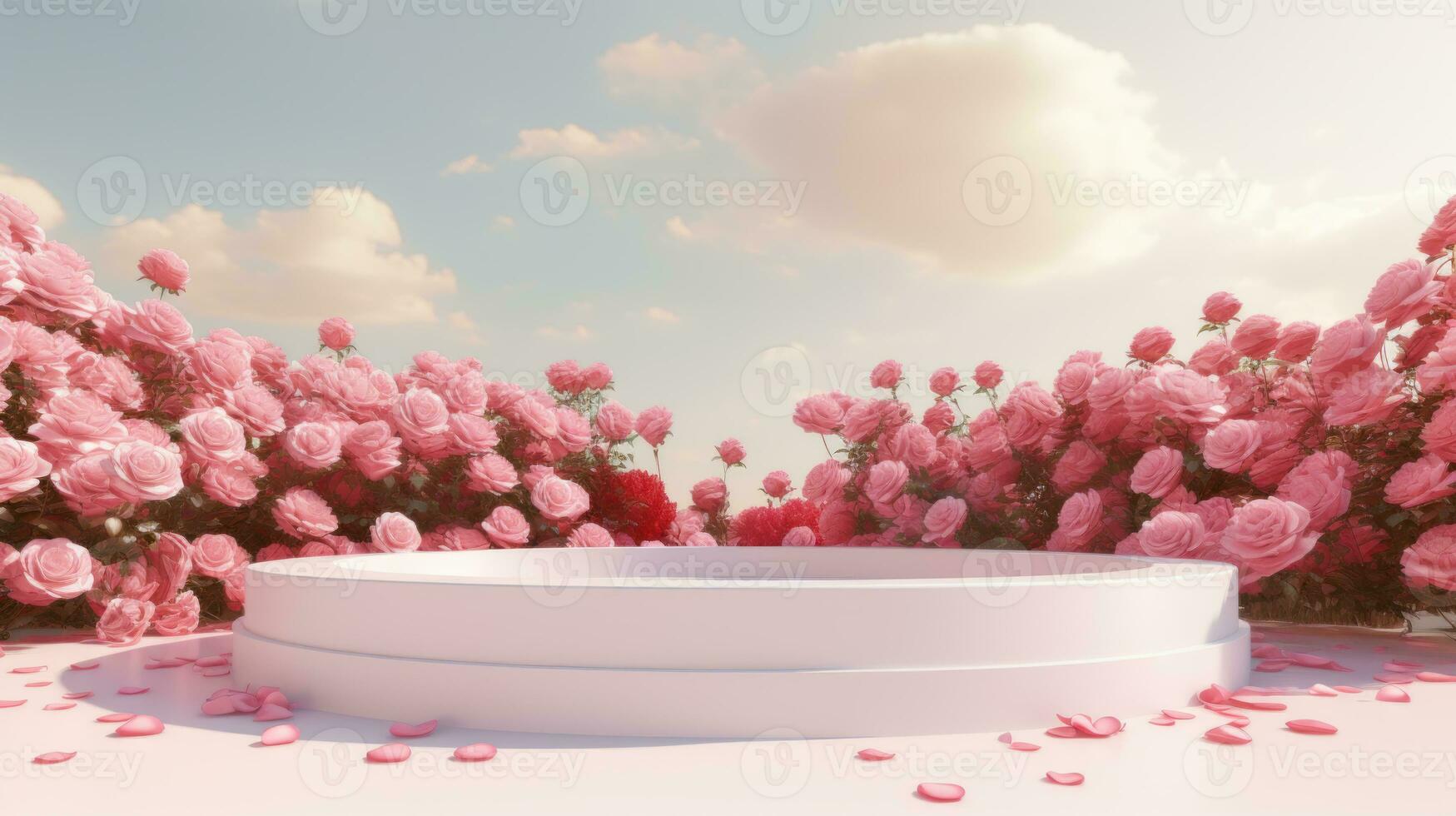 ai genererad tömma vit runda podium på röd lutning ro trädgård och sommar kväll himmel bakgrund för kosmetisk produkt presentation, hjärtans dag begrepp foto
