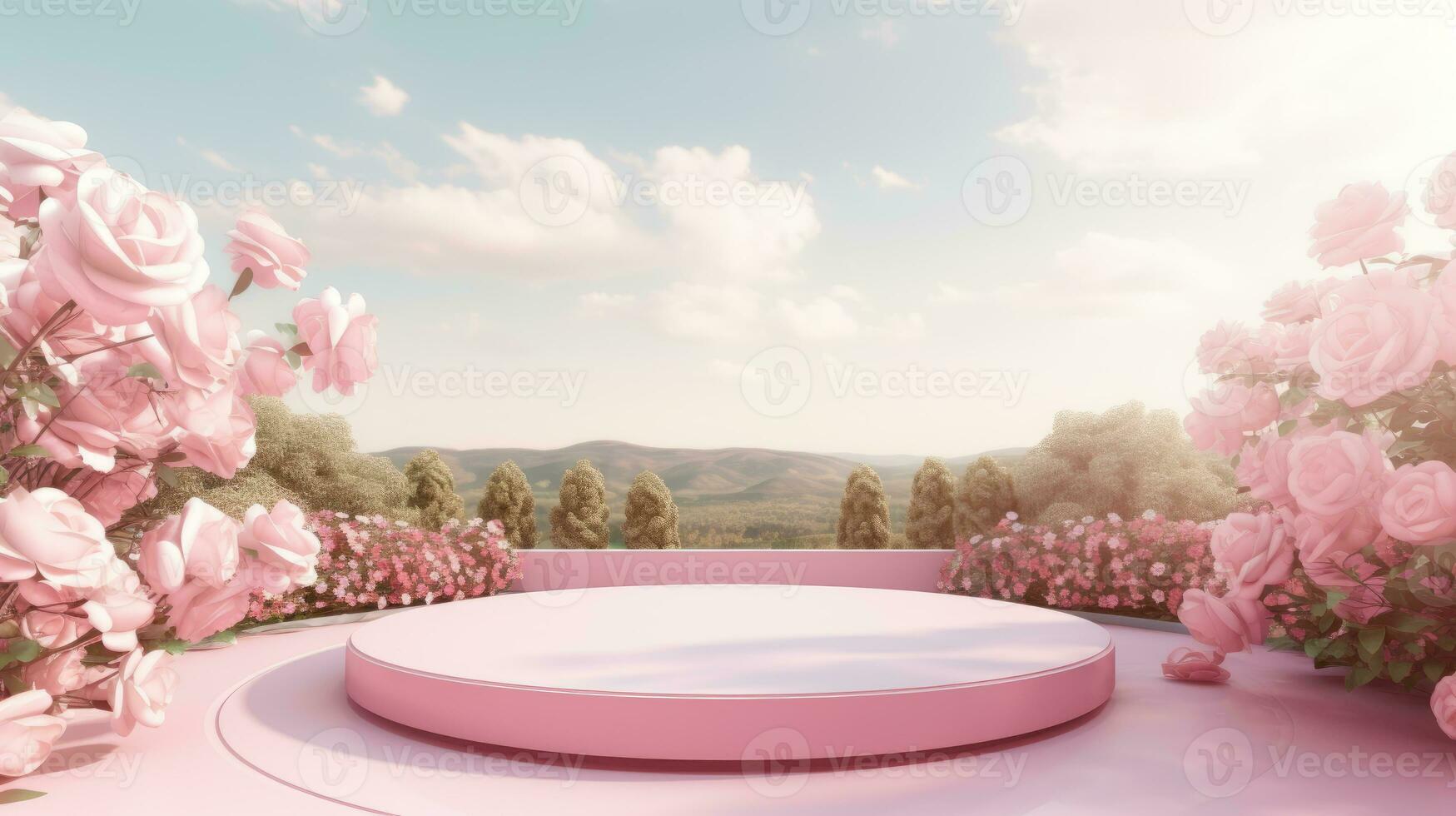 ai genererad tömma rosa runda podium på röd lutning ro trädgård och sommar kväll himmel bakgrund för kosmetisk produkt presentation, hjärtans dag begrepp foto
